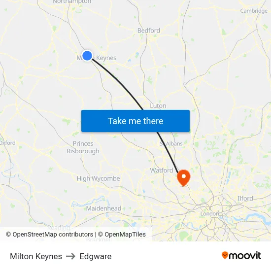 Milton Keynes to Edgware map