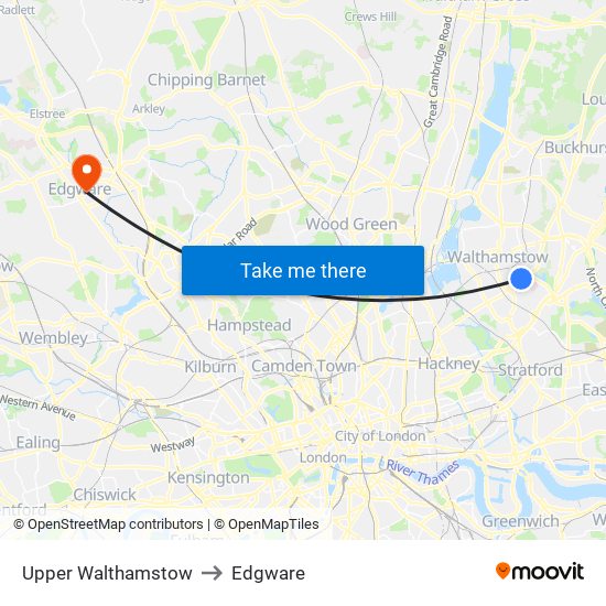 Upper Walthamstow to Edgware map