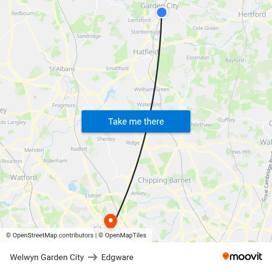 Welwyn Garden City to Edgware map