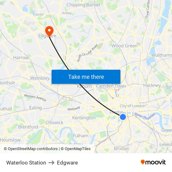 Waterloo Station to Edgware map