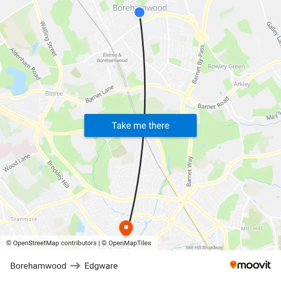 Borehamwood to Edgware map