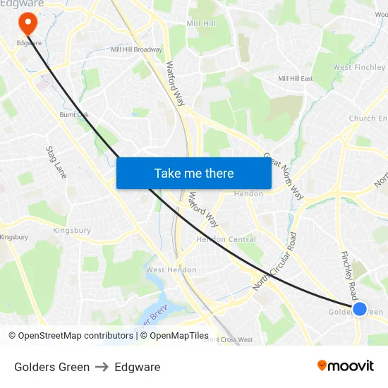 Golders Green to Edgware map