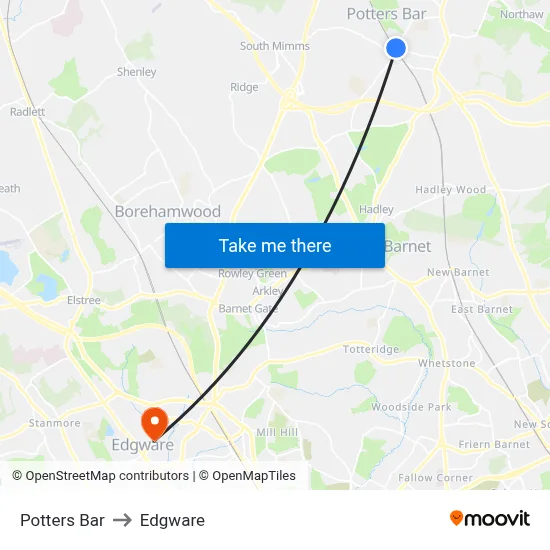 Potters Bar to Edgware map