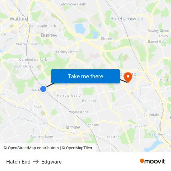 Hatch End to Edgware map