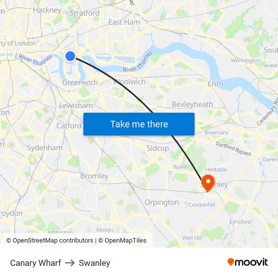 Canary Wharf to Swanley map