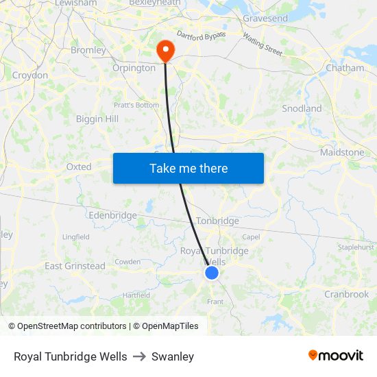 Royal Tunbridge Wells to Swanley map