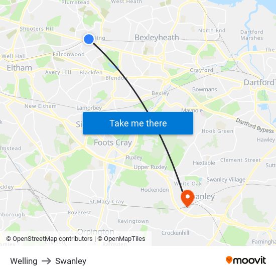 Welling to Swanley map