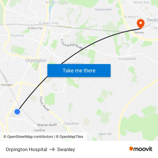 Orpington Hospital to Swanley map