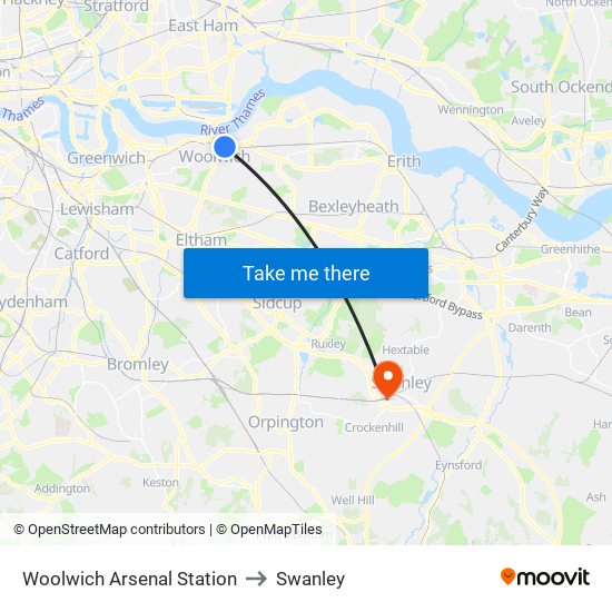 Woolwich Arsenal Station to Swanley map