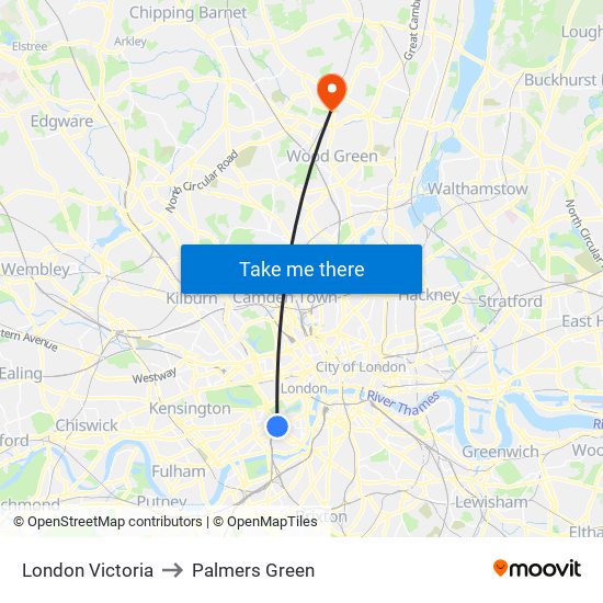 London Victoria to Palmers Green map