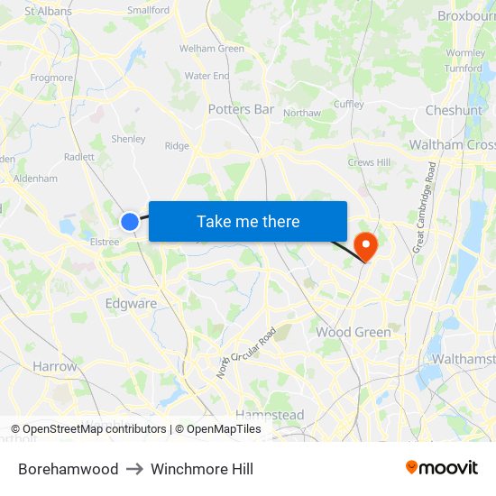 Borehamwood to Winchmore Hill map