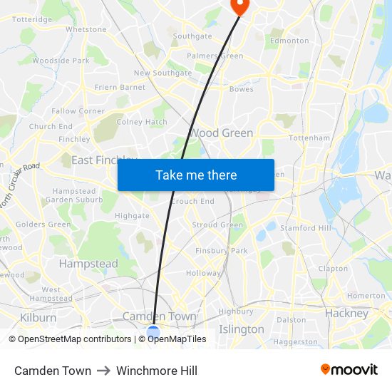 Camden Town to Winchmore Hill map