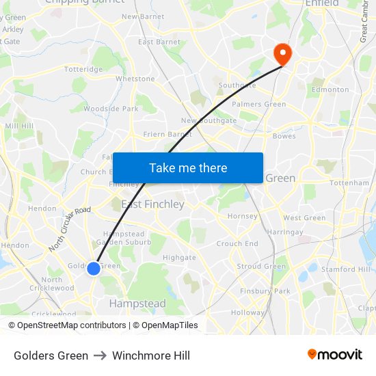 Golders Green to Winchmore Hill map