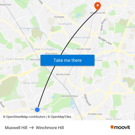 Muswell Hill to Winchmore Hill map