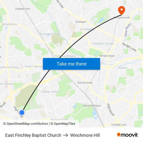 East Finchley Baptist Church to Winchmore Hill map