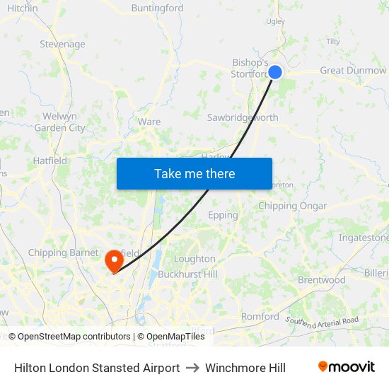 Hilton London Stansted Airport to Winchmore Hill map