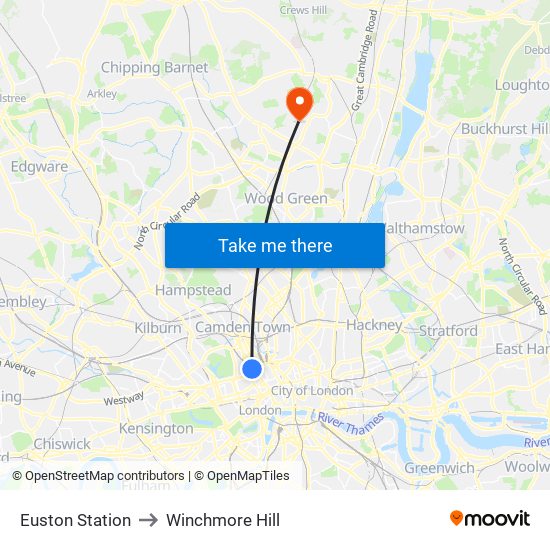 Euston Station to Winchmore Hill map