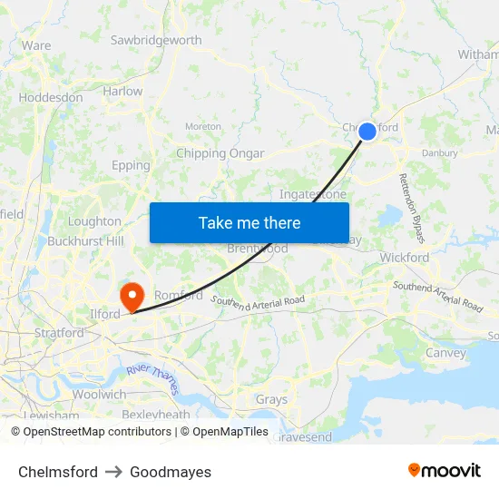 Chelmsford to Goodmayes map