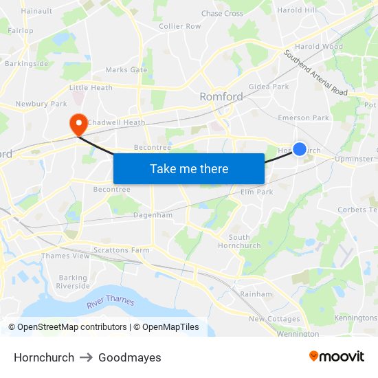 Hornchurch to Goodmayes map