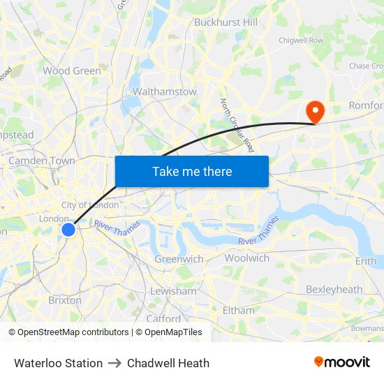 Waterloo Station to Chadwell Heath map