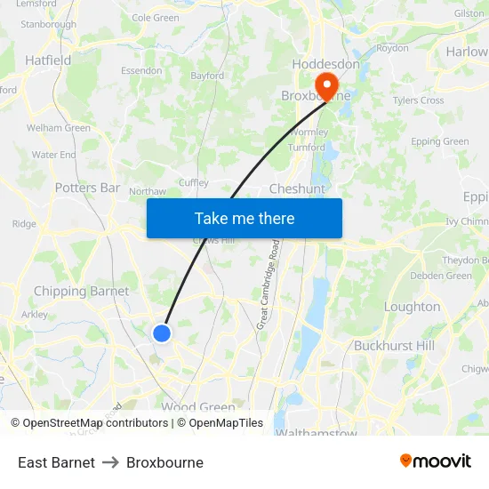 East Barnet to Broxbourne map
