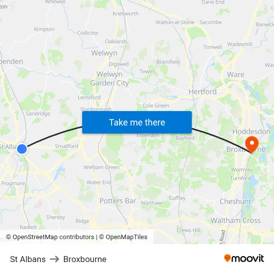 St Albans to Broxbourne map