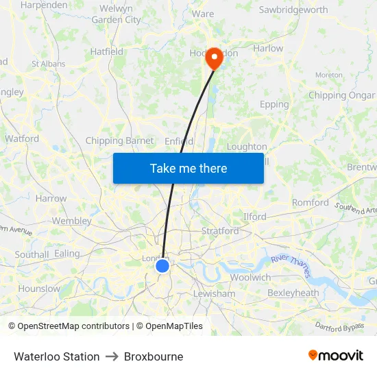 Waterloo Station to Broxbourne map