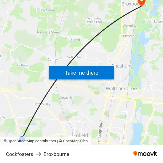 Cockfosters to Broxbourne map