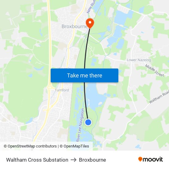 Waltham Cross Substation to Broxbourne map