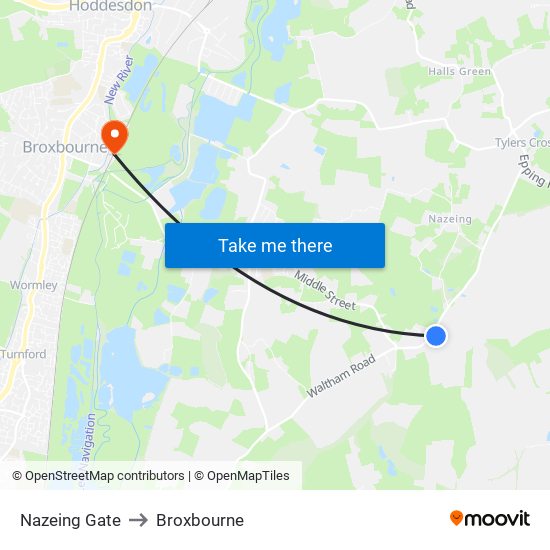 Nazeing Gate to Broxbourne map