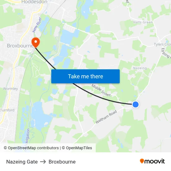 Nazeing Gate to Broxbourne map