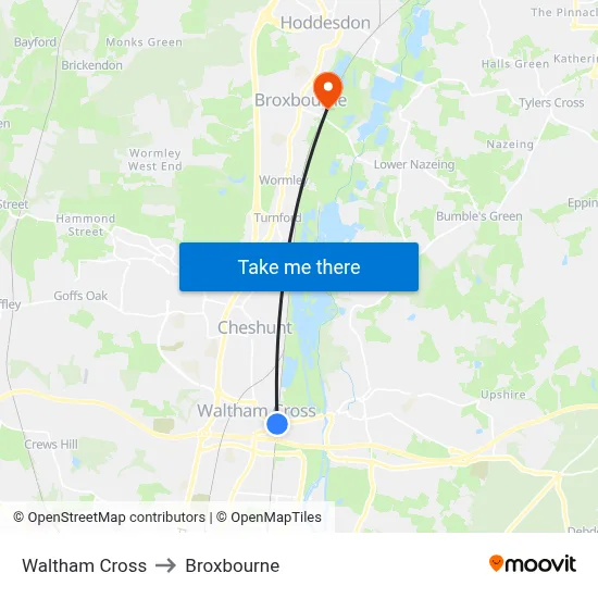 Waltham Cross to Broxbourne map
