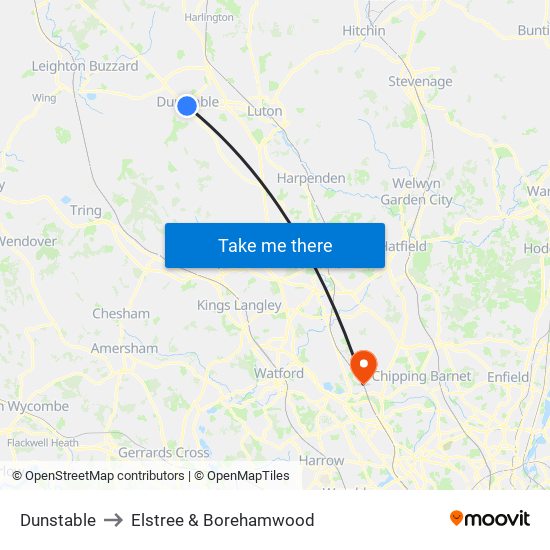 Dunstable to Elstree & Borehamwood map