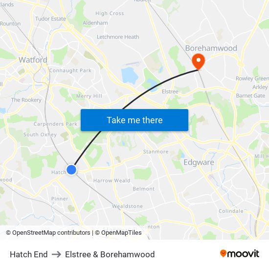 Hatch End to Elstree & Borehamwood map