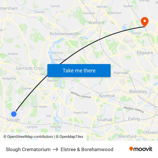 Slough Crematorium to Elstree & Borehamwood map