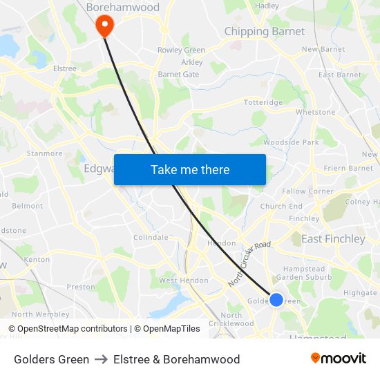 Golders Green to Elstree & Borehamwood map