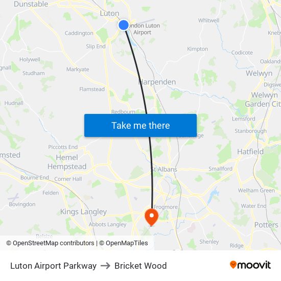 Luton Airport Parkway to Bricket Wood map