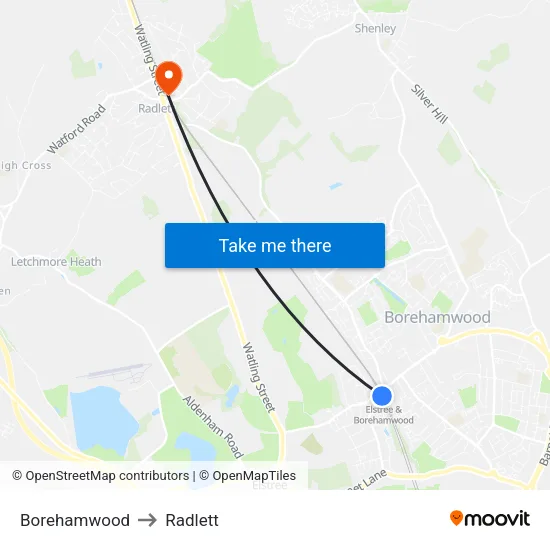 Borehamwood to Radlett map