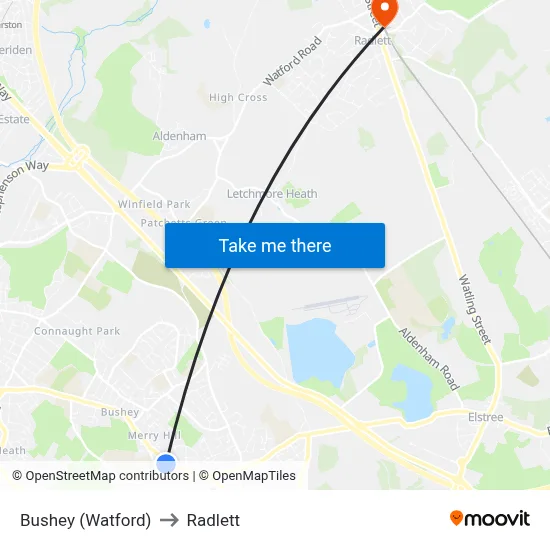 Bushey (Watford) to Radlett map
