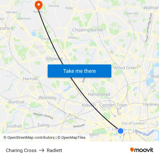 Charing Cross to Radlett map