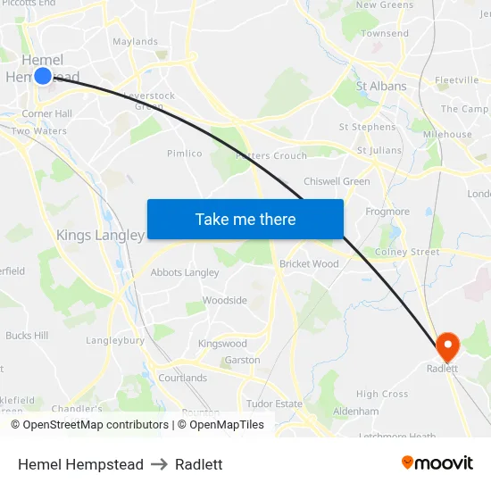 Hemel Hempstead to Radlett map