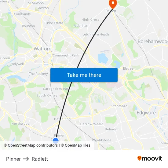 Pinner to Radlett map