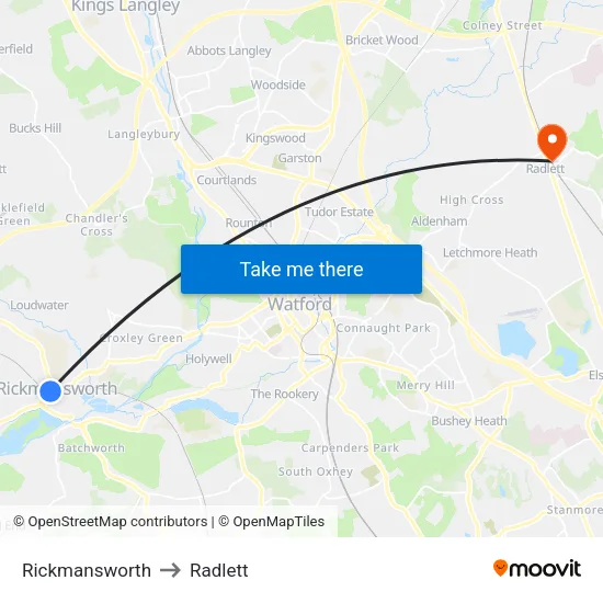 Rickmansworth to Radlett map
