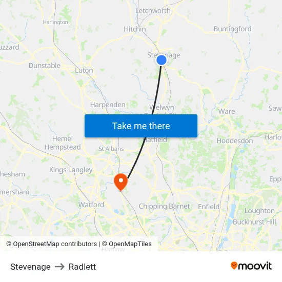 Stevenage to Radlett map