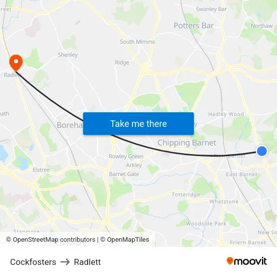 Cockfosters to Radlett map