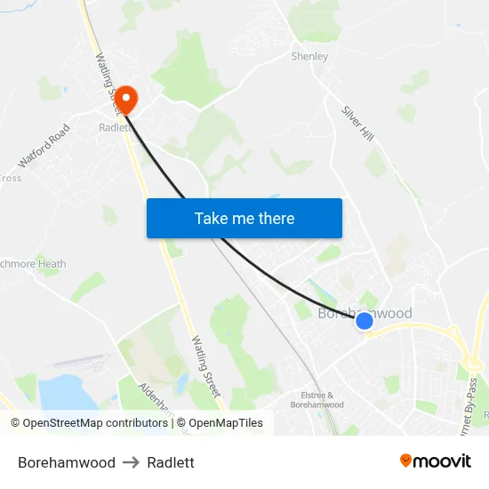 Borehamwood to Radlett map