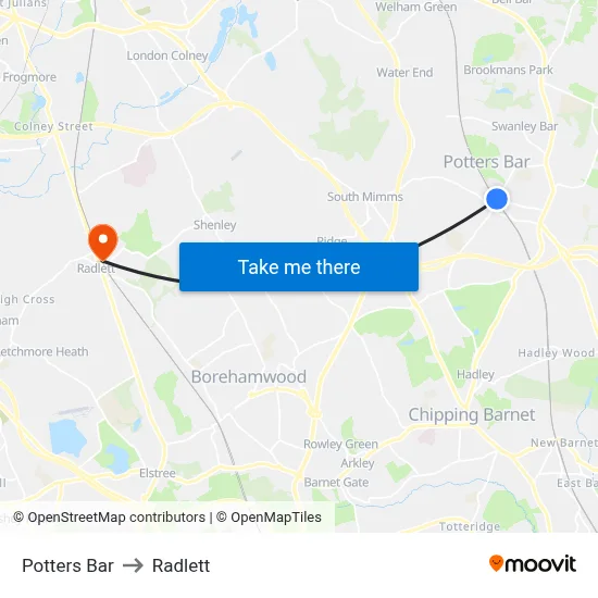 Potters Bar to Radlett map