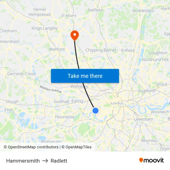 Hammersmith to Radlett map