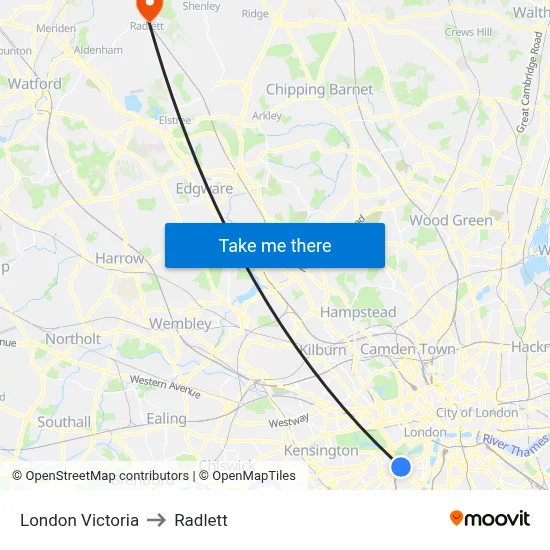 London Victoria to Radlett map