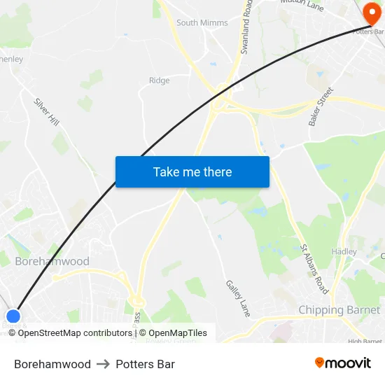 Borehamwood to Potters Bar map
